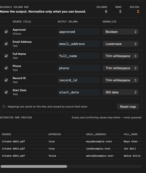 FieldBatch mapping PDF field names to reusable output columns