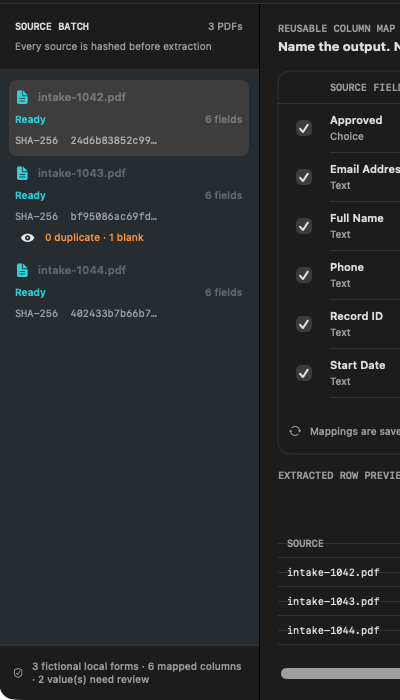 FieldBatch source list with AcroForm status and SHA-256 evidence