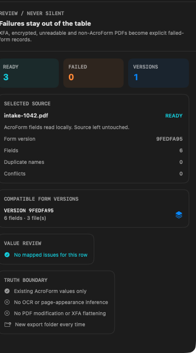 FieldBatch review rail showing form versions, failures and value issues